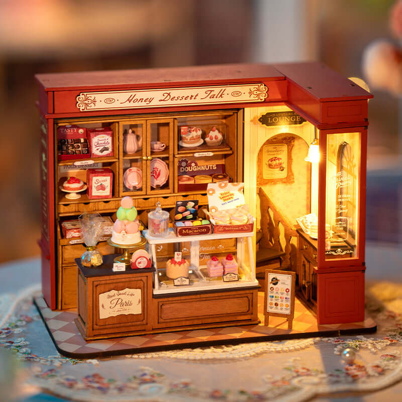ROBOTIME DIY Miniature Dollhouse Kits Honey Dessert Talk Wooden Dollhouse Model