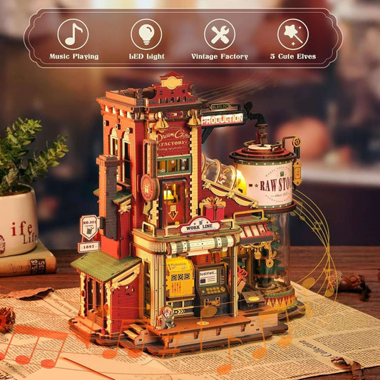 ROBOTIME Gift Factory 3D Puzzle Wooden Model Kits For Adults DIY Retro Vintage Toy Production Construction Craft Kit Luminous Factory With Music Lights And 5 Elves For Kids Teens Adults